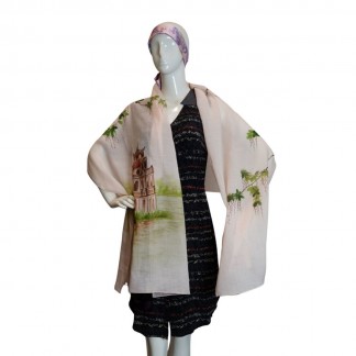 Pink ramie scarf hand-painted with Hoan Kiem Lake 70*190cm
